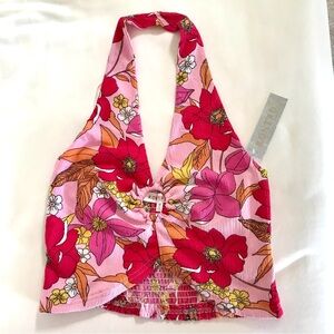 KONTROL Top Womens Medium Floral Halter Crop Top Pink Red Floral Colorful‎ Print